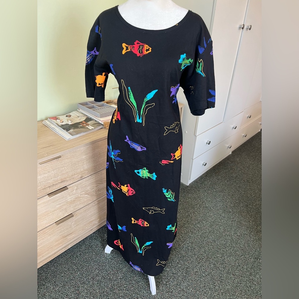 VINTAGE Copa Cabana 100% Cotton Colorful Fish Ocean Theme Relaxed Fit Dress Sz M - Picture 2 of 16